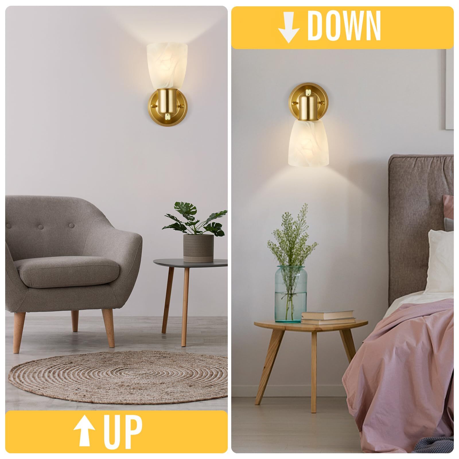 NATYSWAN Wall Light Set of 2, Modern Gold Vanity Lights for Bathroom, Wall Mount Sconces with Frosted Glass, Farmhouse Wall Lamp for Mirror Living Room