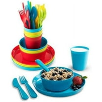 Kids Dinnerware Set PLASKIDY for 4 - 24 Piece Plastic Childrens Dishes Dinnerware Sets Microwave / Dishwasher Safe BPA Free - Toddler Dinner Set Includes Kids Plates and Bowls Kids Cups Flatware Set