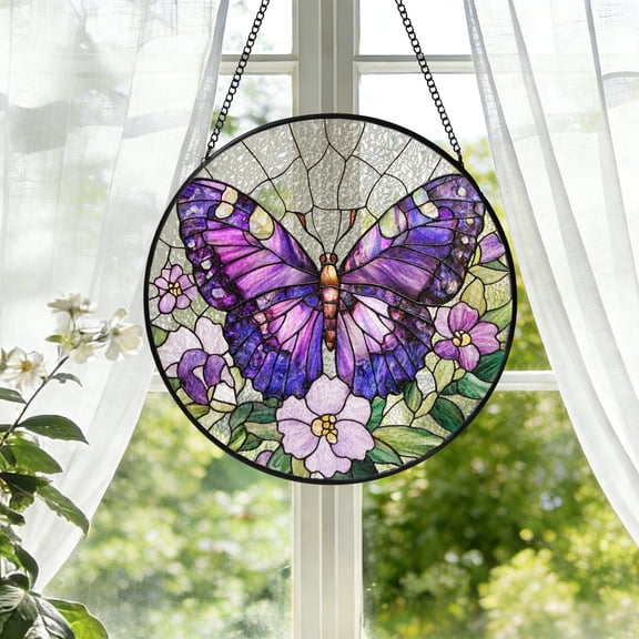KuphiL10C Purple Butterfly Suncatchers for Windows, Flowers Stained Glass Window Hanging, Floral Sun Catchers with Metal Chain and Hook, Wall Art Home Decor, Birthday Gifts