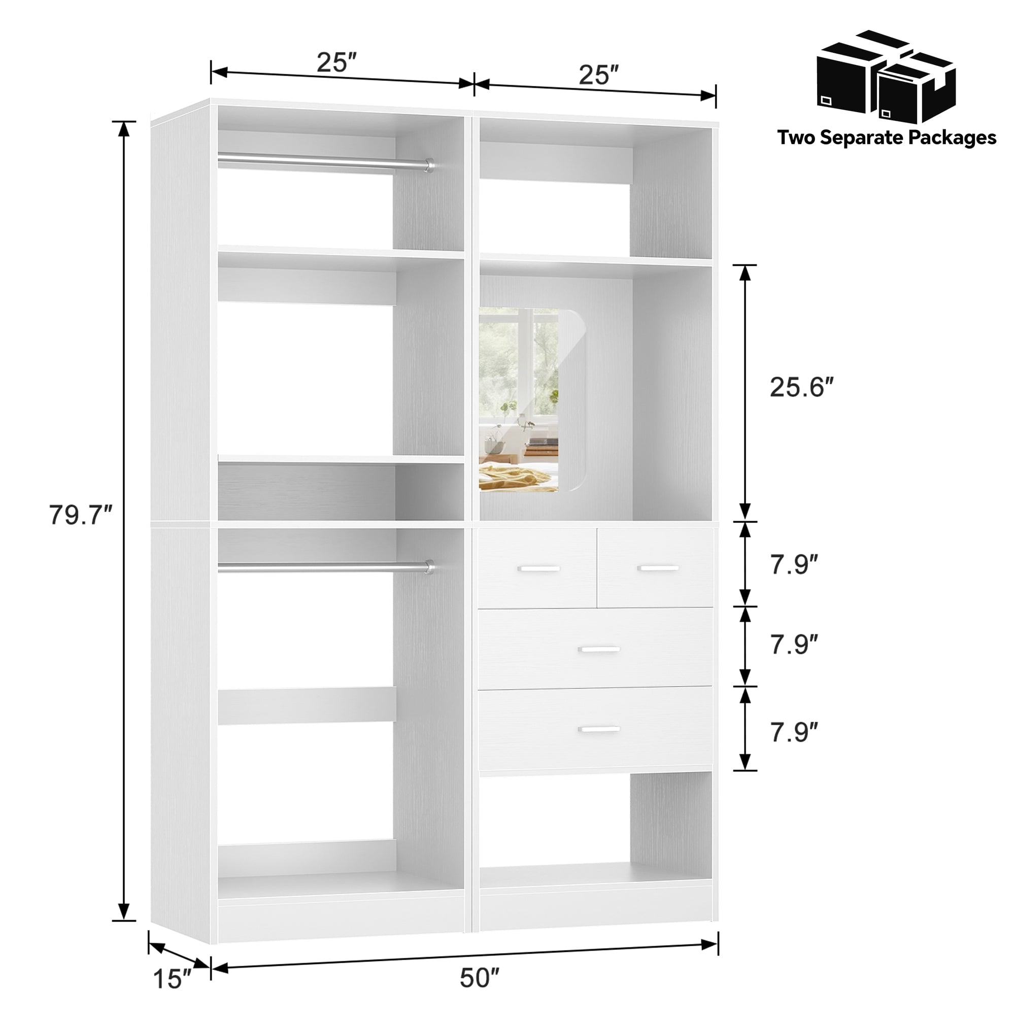 Homieasy 50'' W Walk-in Closet System with 4 Drawers, Hanging Rods