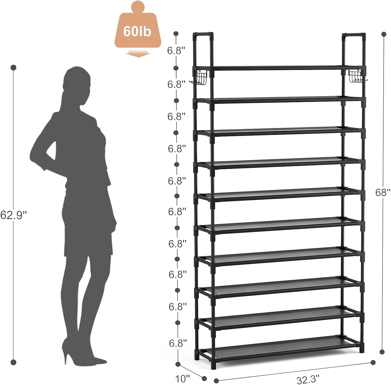 10 Tier Shoe Rack Tall Large Capacity Wide Shoe Organizer with Two Hooks Sturdy Metal Shoe Shelf for Entryway, Closet, Bedroom