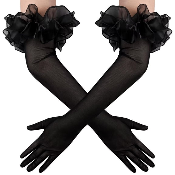 Women's Long Puff Sleeve Oversize Ruffle Cuff Sheer Gloves Tulle Mesh Gloves for Wedding Opera Party Costume