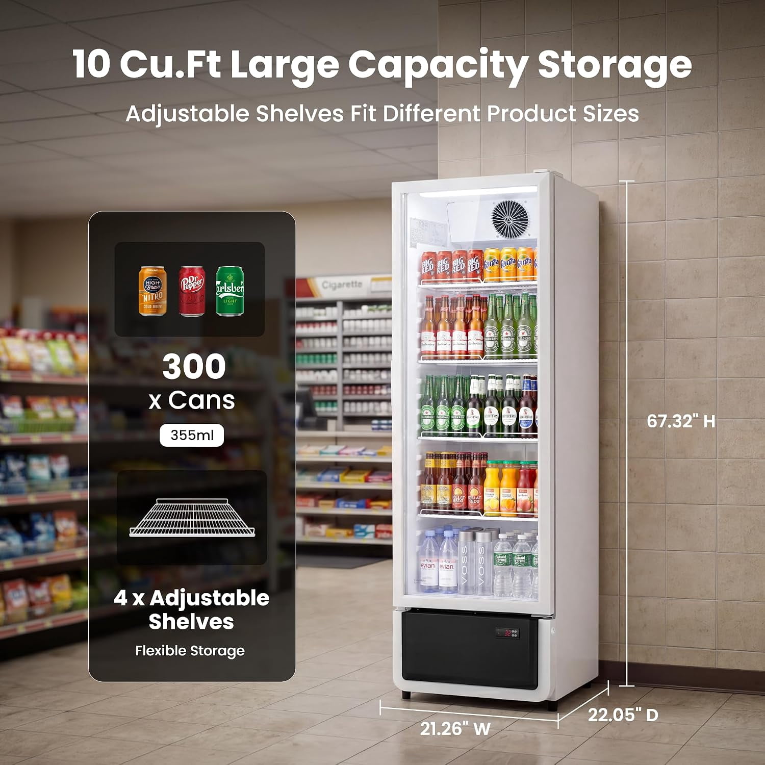 Yeego Commercial Beverage Refrigerator, 10 Cu.Ft Glass Door Drink Display Cooler with LED Light & Adjustable Shelves for Bar, Convenience Store
