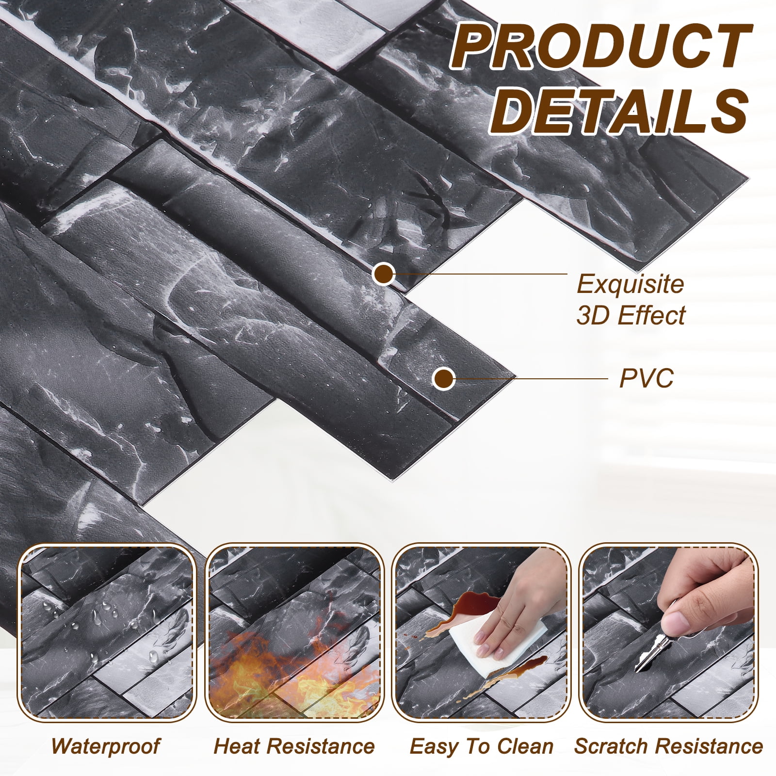 Uxcell 10Pcs Peel and Stick Backsplash Tiles 10.6" x 10.6" 3D Thickened Stone Texture Self-Adhesive Tile Stickers Wallpaper Wall for Kitchen Bathroom Bedroom, Black White Gray