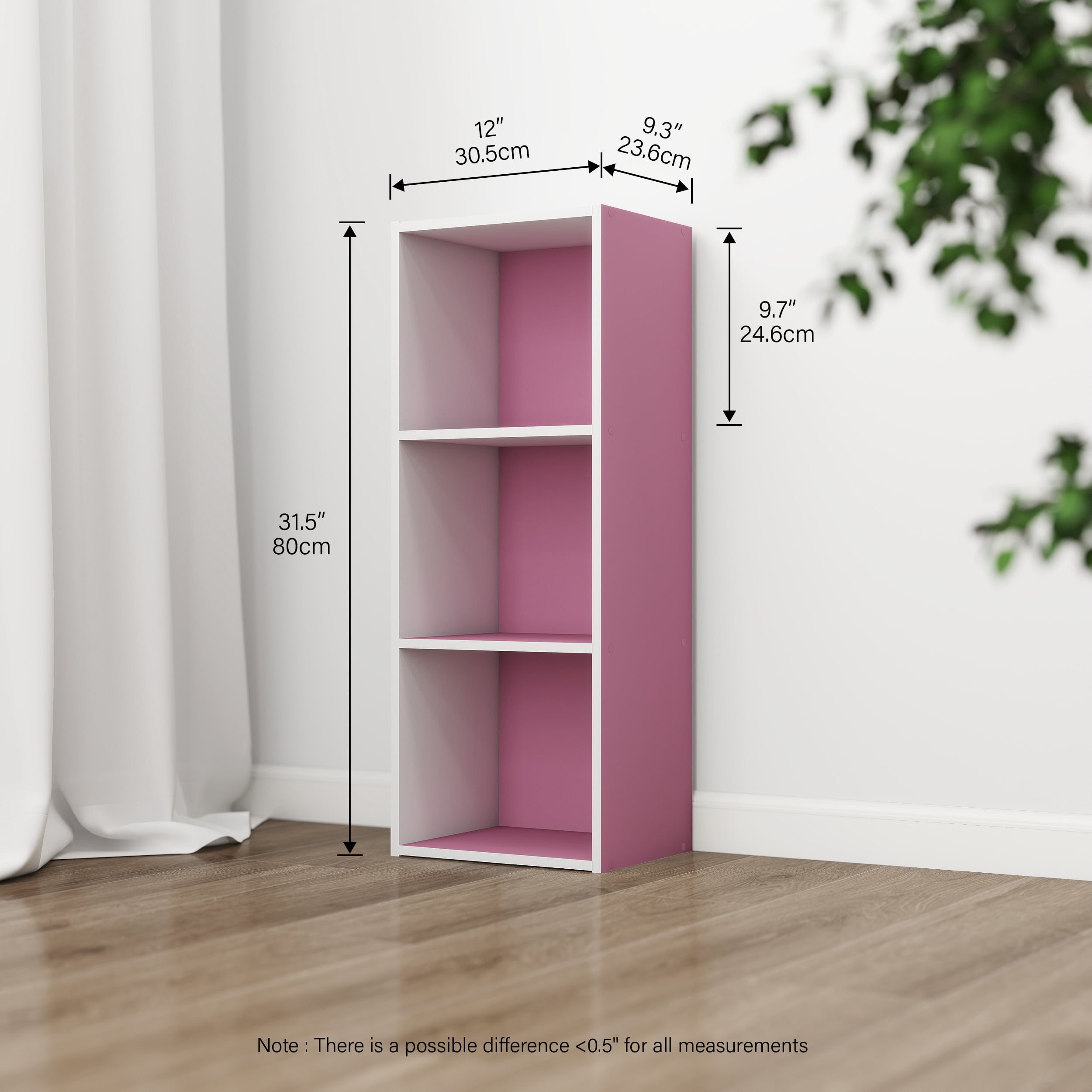 HOMLUX Luder 3-Tier Cube 31.5" Bookcase, Wood Storage Shelf, Small Bookshelf for Home Office & Bedroom, White & Pink