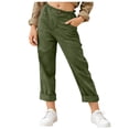 thumbnail image 2 of Pantalones largos para niña, de cintura alta, lisos, con puños enrollados, de lino ligero multicolor, informales, de poliéster para niños., 2 of 8
