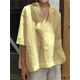 thumbnail image 2 of Camisa versátil de lino y algodón para mujer, blusa de media manga con cuello en V profundo y solapa, cómoda e informal, Color liso, 2024, 2 of 4