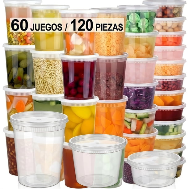 Juego de 60 Contenedores para Alimentos y Preparación de Comidas (Meal Prep), Toppers de Plástico Reutilizables, 3 Tamaños (32/16/8 oz), Aptos para Microondas y Congelador, Sin BPA