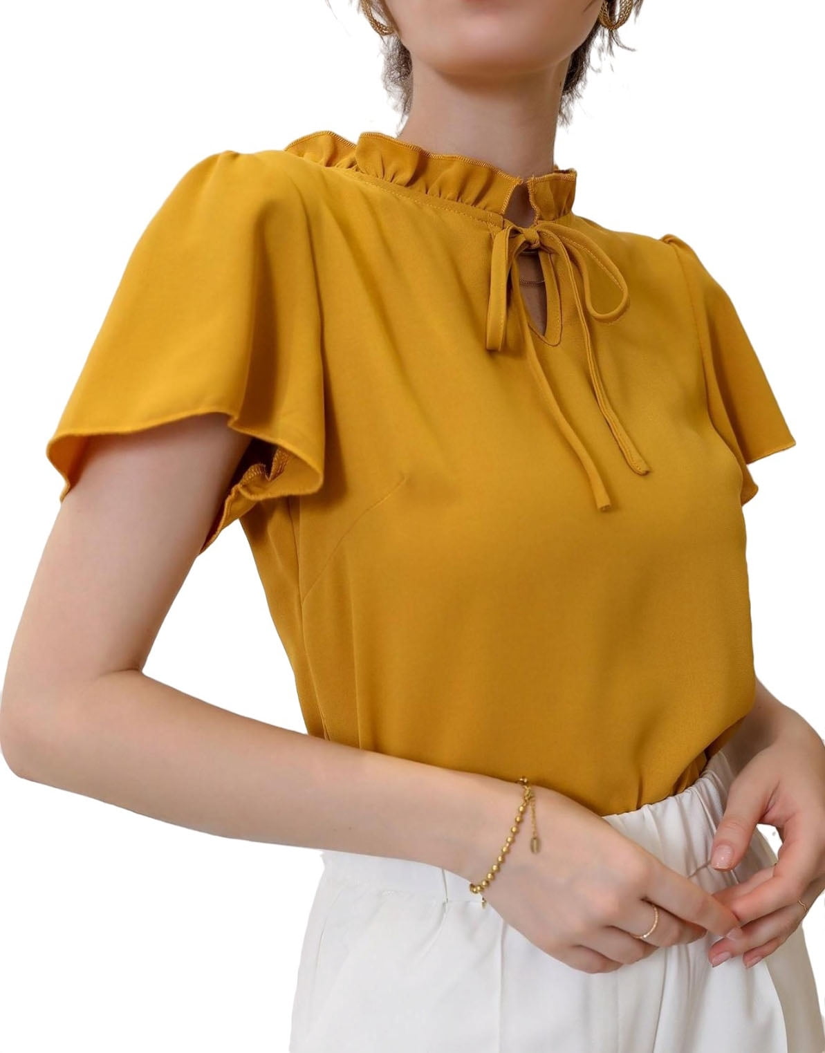 yellow tie neck blouse