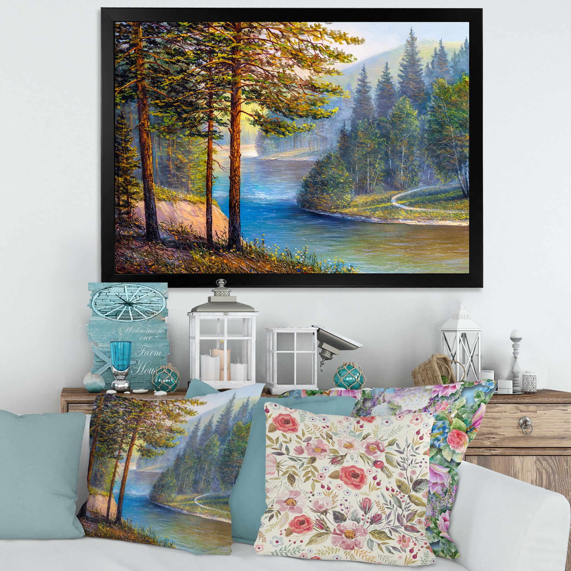 Designart 'Sunrise Glow Through The Pine & Fir Forest' Lake House Framed Art Print