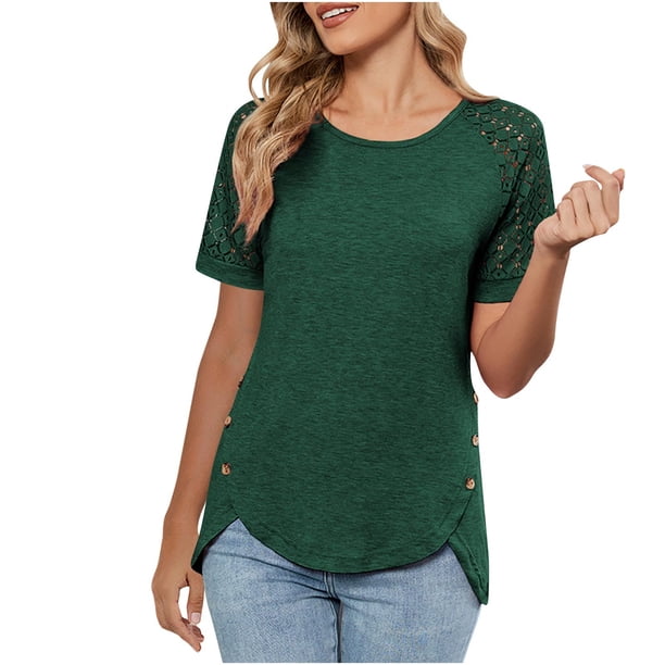 Blusas de Trabajo de las Mujeres Color Sólido Encaje Patchwork Botón Blusa Casual 95% Poliéster 5% Spandex, Top de Doblado Irregular para el Uso Diario