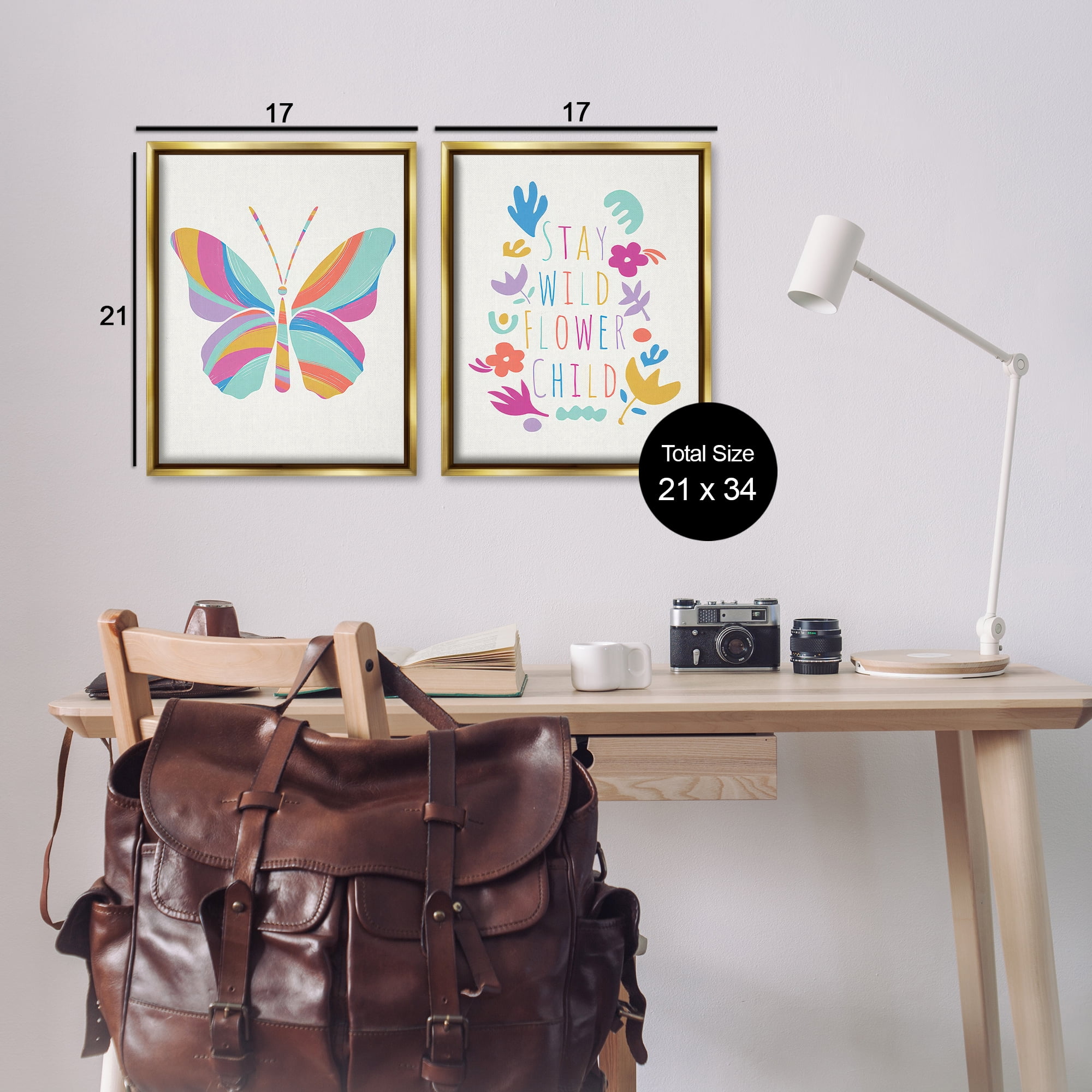 Stupell Industries Stay Wild Butterfly Text & Numbers Painting Gold Floater Framed Canvas Art Print Wall Art, 17 x 21, Set of 2