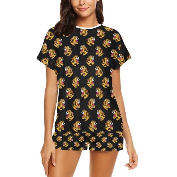Conjunto de pijama corto para mujer con estampado de cabeza de tigre LKS306