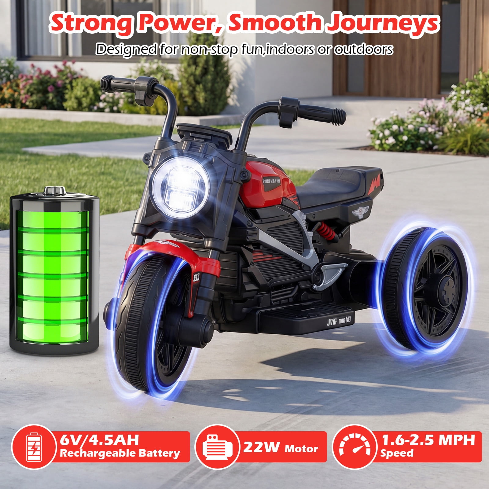 Costway 6V Kids Motorcycle with Song,Story,LED Headlights,Accelerator Pedal & 3 Wheels, Red & Black