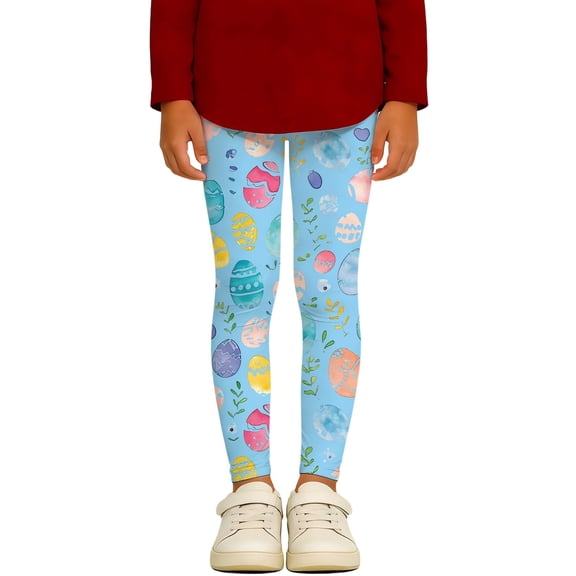 Girls Easter Print Stretchy Athletic Leggings Tights for Toddler Kids Playwear Soft Base Layer Pants Spring Light Blue 7 Years-8 Years