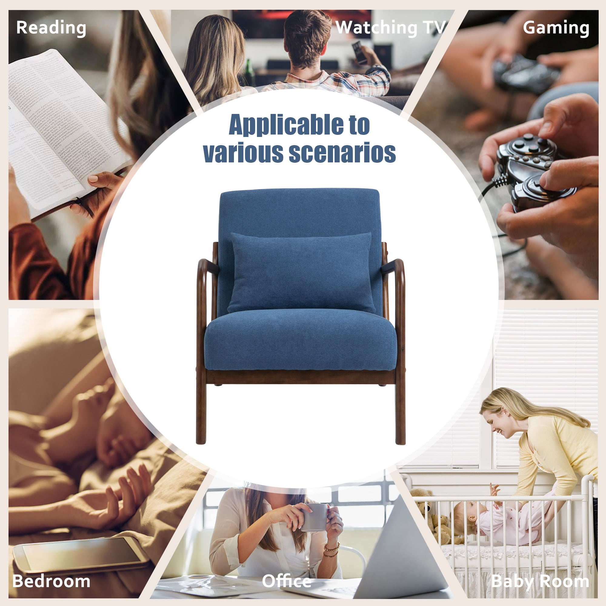 PAPROOS Mid-Century Modern Accent Chair, Velvet Fabric Arm Chair with Wood Frame and Pillow, Upholstered Armchair Comfort Reading Chair Lounge Chair for Living Room Bedroom Sunroom, Navy
