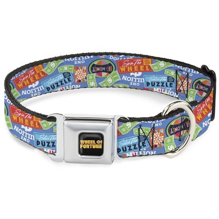 Sony Pictures Pet Collar Dog Collar Metal Seatbelt Buckle Wheel of Fortune Quotes and Prizes Collage Blue Multi Color 11 to 16.5 Inches 1.0 Inch Wide