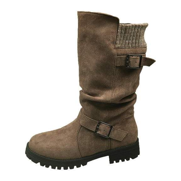 YLYL Women's Snow Boots Wide Calf Round Toe Non Slip Chunky Heel Warm Winter Combat Hiking Mid Calf Boots