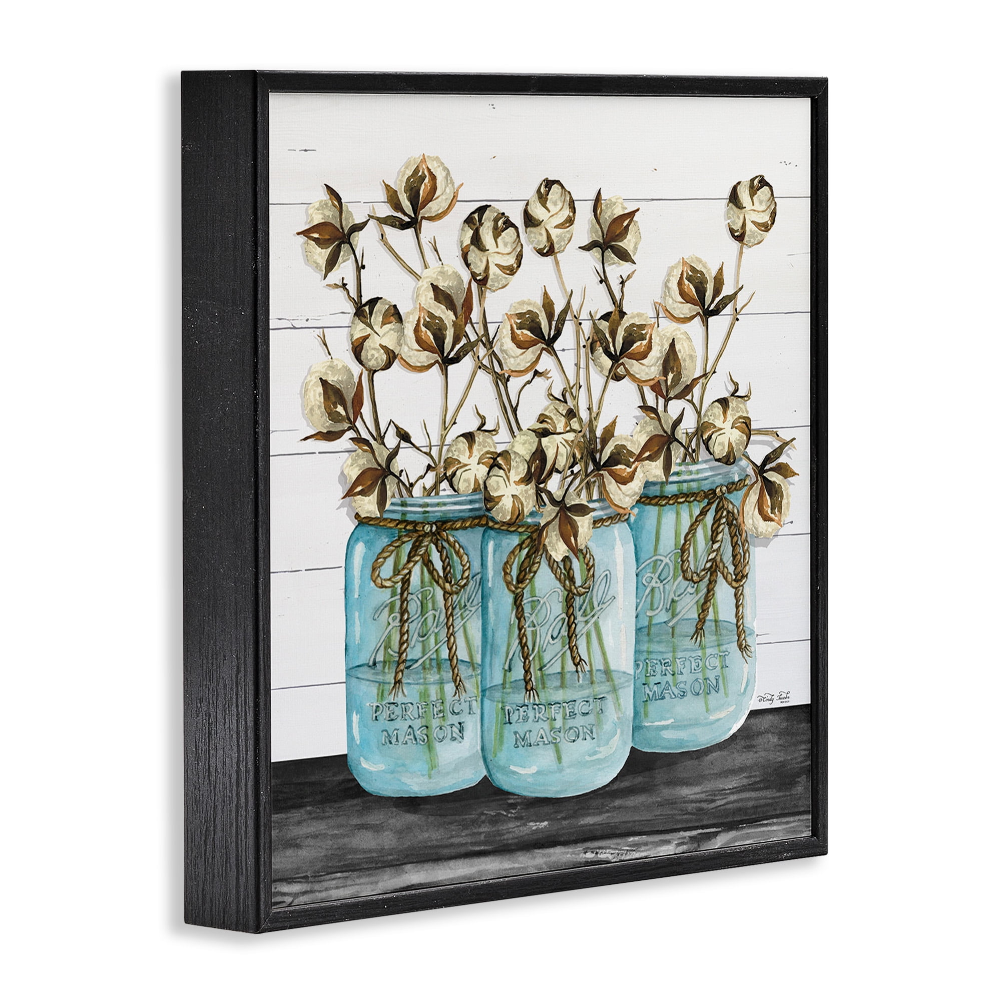Stupell Industries Cotton in Rustic Jars Botanical & Floral Painting Black Framed Art Print Wall Art, 17 x 17