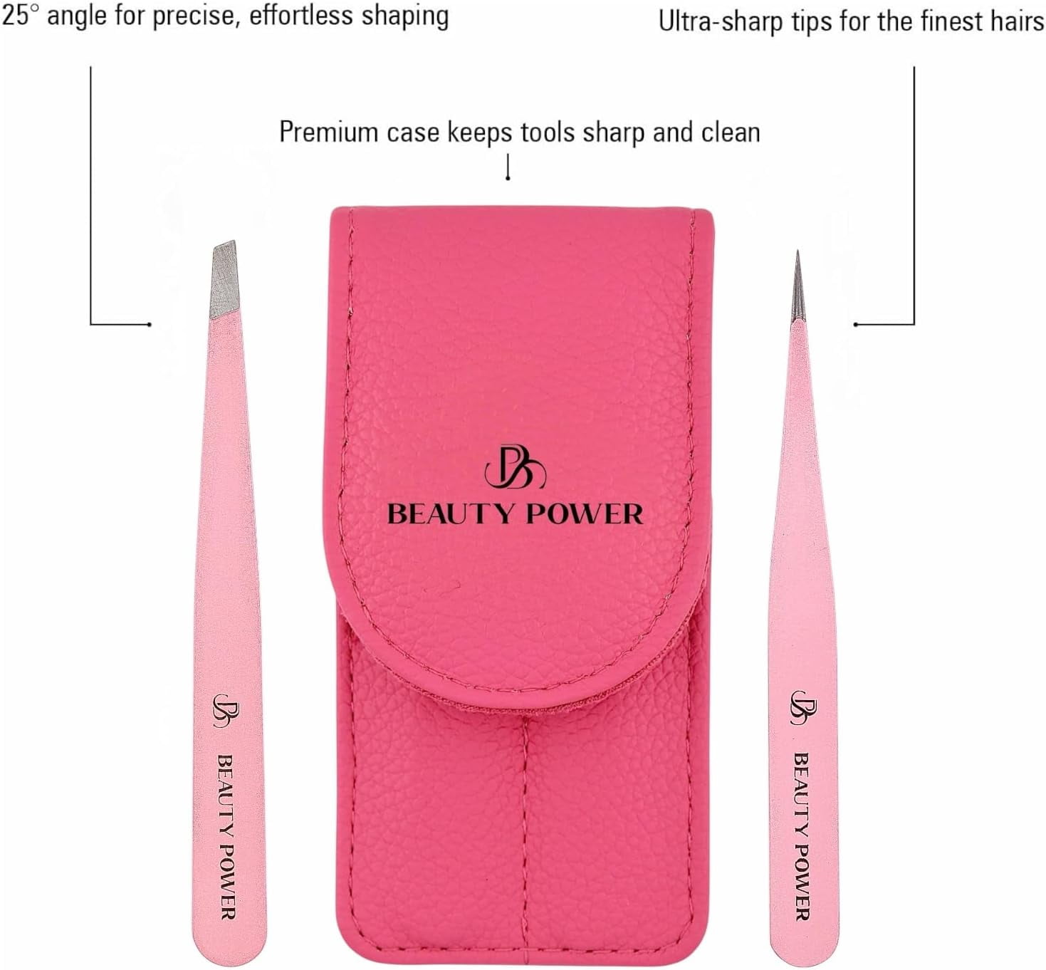Beauty Power Professional Tweezers Set – Slant & Point, Ultra Precision German Stainless Steel Tweezers for Eyebrows, Chin, Ingrown Hair & Facial Grooming – Lightweight Travel Case  - Gift Idea