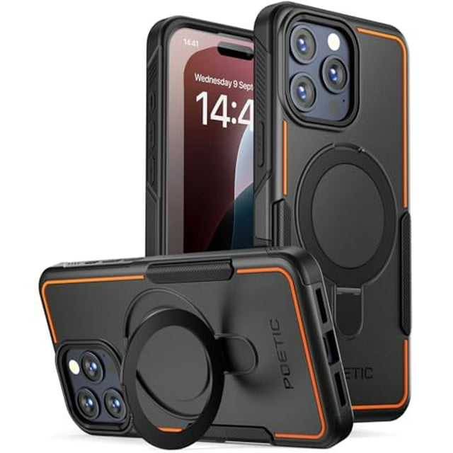 Poetic Neon Case for iPhone 16 Pro Max in black, featuring a dual-layer slim shockproof design with a magnetic ring stand. The case includes reinforced corners, raised lips for screen and camera protection, and a strong N52 magnetic attachment for secure use with car mounts. It is drop-tested to exceed US MIL-STD standards, offering impact resistance, anti-slip grip, and anti-fingerprint properties. Compatible with wireless charging and designed for vertical or horizontal stand functionality.