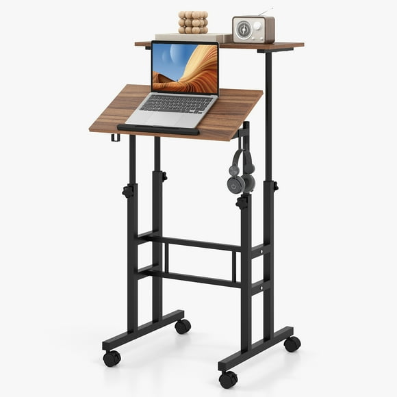 Giantex Mobile Standing Desk, Height Adjustable Sit to Stand Desk, Portable Laptop Desk, 2-Tier Computer Workstation for Home Office, Walnut