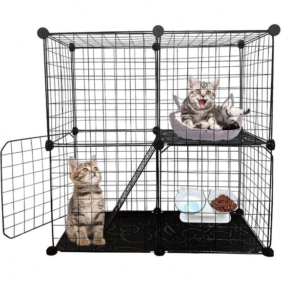 DIY Cat CagePet Playpen Indoor Detachable Metal Wire Small Animal Cages 2Tier Crate Large Exercise Place Kitten Enclosures With 2 Door 29.5 X 15.3 X 28.7 Inch Black