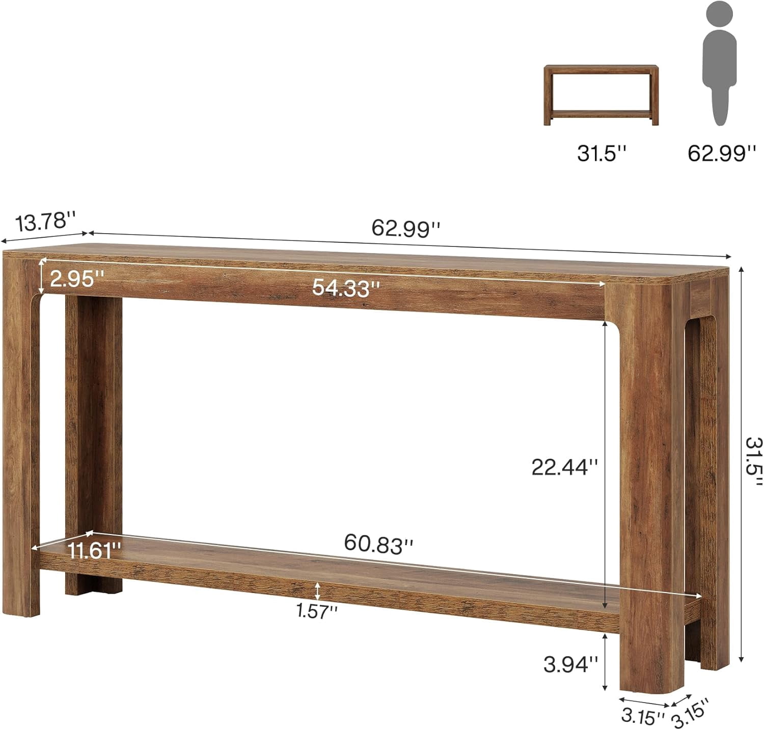 Fnova 63" Farmhouse Console Table, 2-Tier Wood Entryway Table with Storage Shelf, Narrow Sofa Table for Living Room, Hallway, Foyer