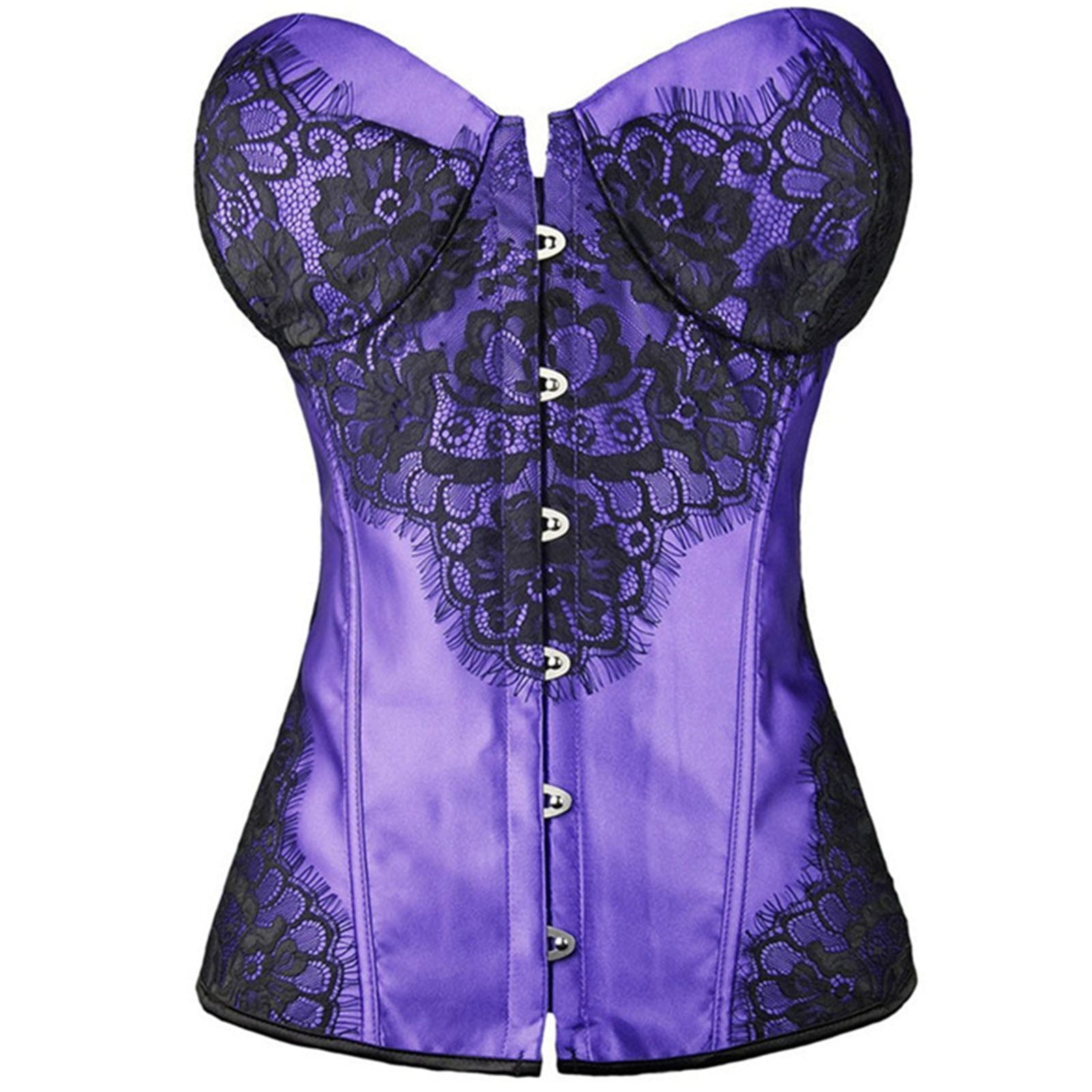 Elegant Overbust Plus Size Corset In Purple Satin & Black Lace Overlay -  Burleska - Dark Fashion Clothing