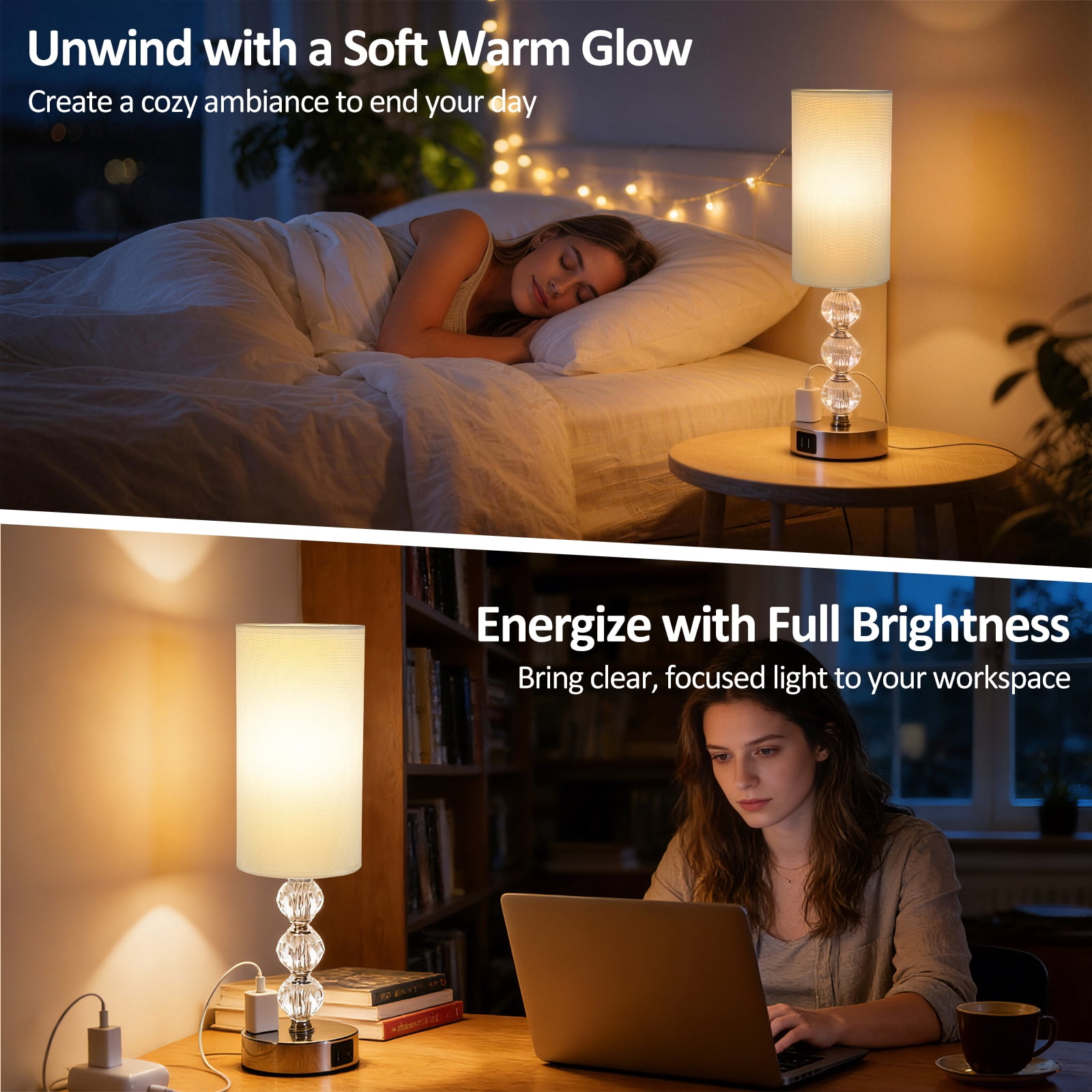 Crystal Table Lamps for Bedroom 17.9", 3 Way Dimmable Touch Control Bedside Lamp with USB C+A Fast Charging Ports, Nightstand Lamp for Office, Living Room, Reading(E26 Light Bulb Included), White