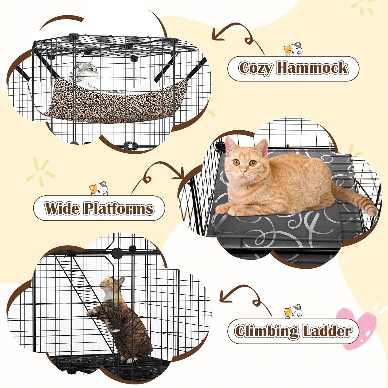 Cat Cages Indoor, 56" Large 4-Tier Cat Enclosure with Skylight, Hammock, 3 Ladders, Detachable Metal Wire Kennel with 4 Lockable Doors, DIY Cat Crate & Pet Playpen Catio for 1-4 Cats