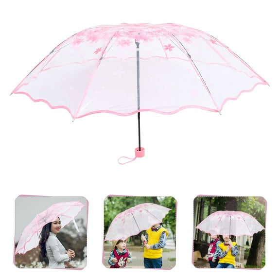 STOBOK Lightweight Pink Travel Umbrella with Clear Canopy and Floral Design for Rainy Days