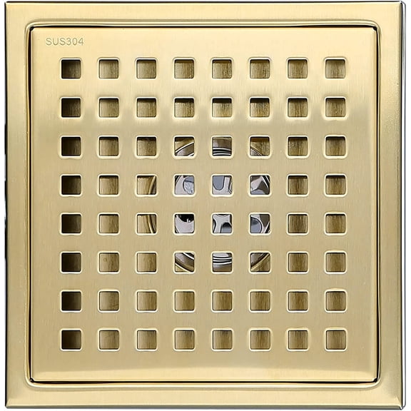 Fzchyzoar RANDOM Brushed Gold Shower Drain Square 6 Inch Shower Floor Drain with Tiled Insert Grate & Removable Hair Strainer 304 Stainless Steel Shower Drain