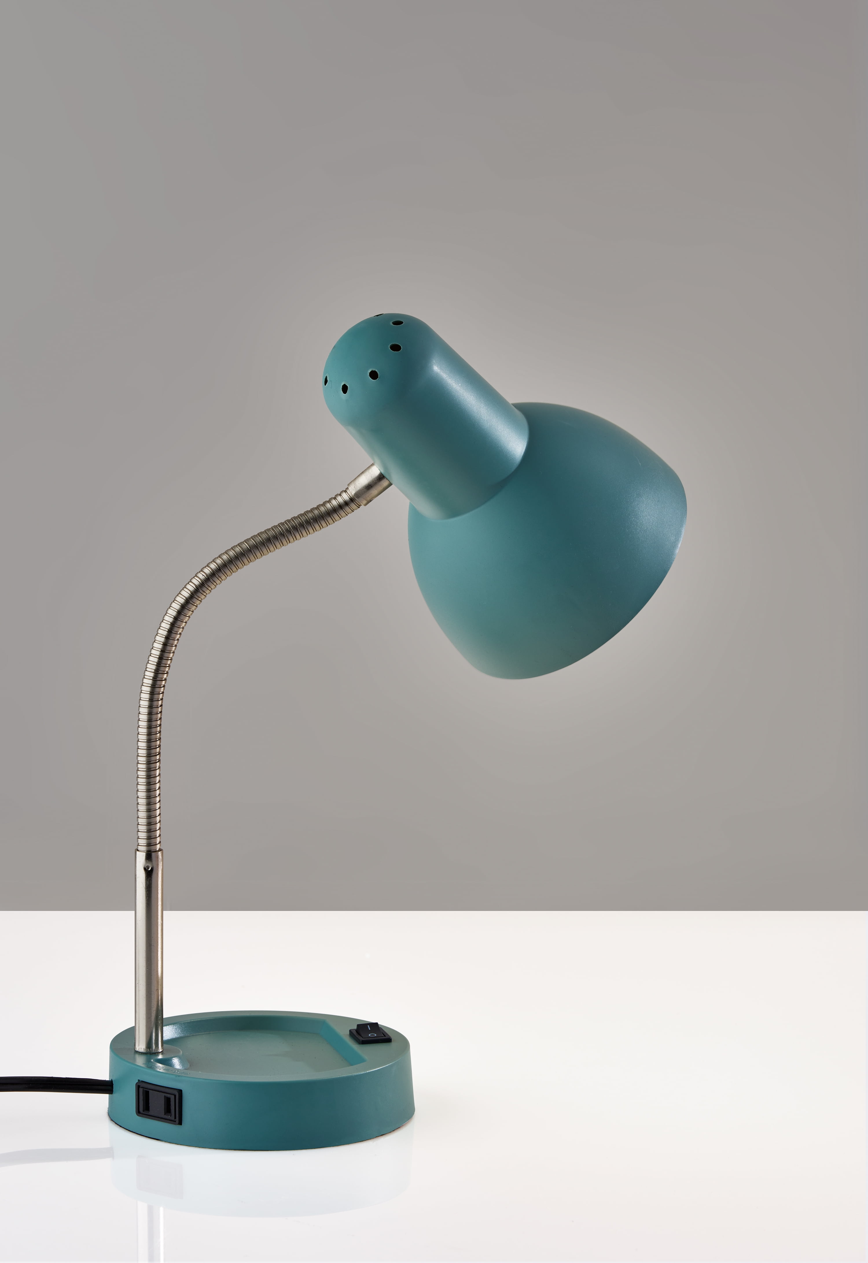 Mainstays LED Gooseneck Desk Lamp with Catch-All Base & AC Outlet, Aqua