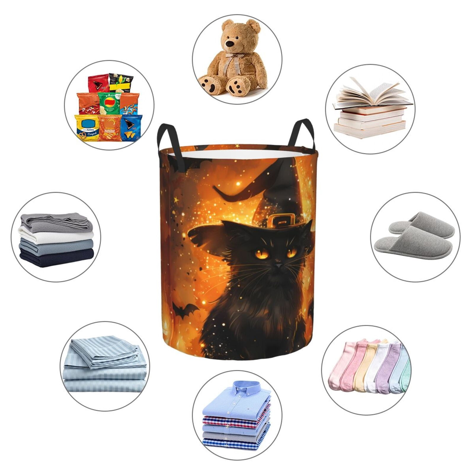Large Laundry Basket with Handles - Halloween Witch Hat Black Cat A Kids Baby Dirty Clothes Laundry Hamper for Bedroom Aesthetic