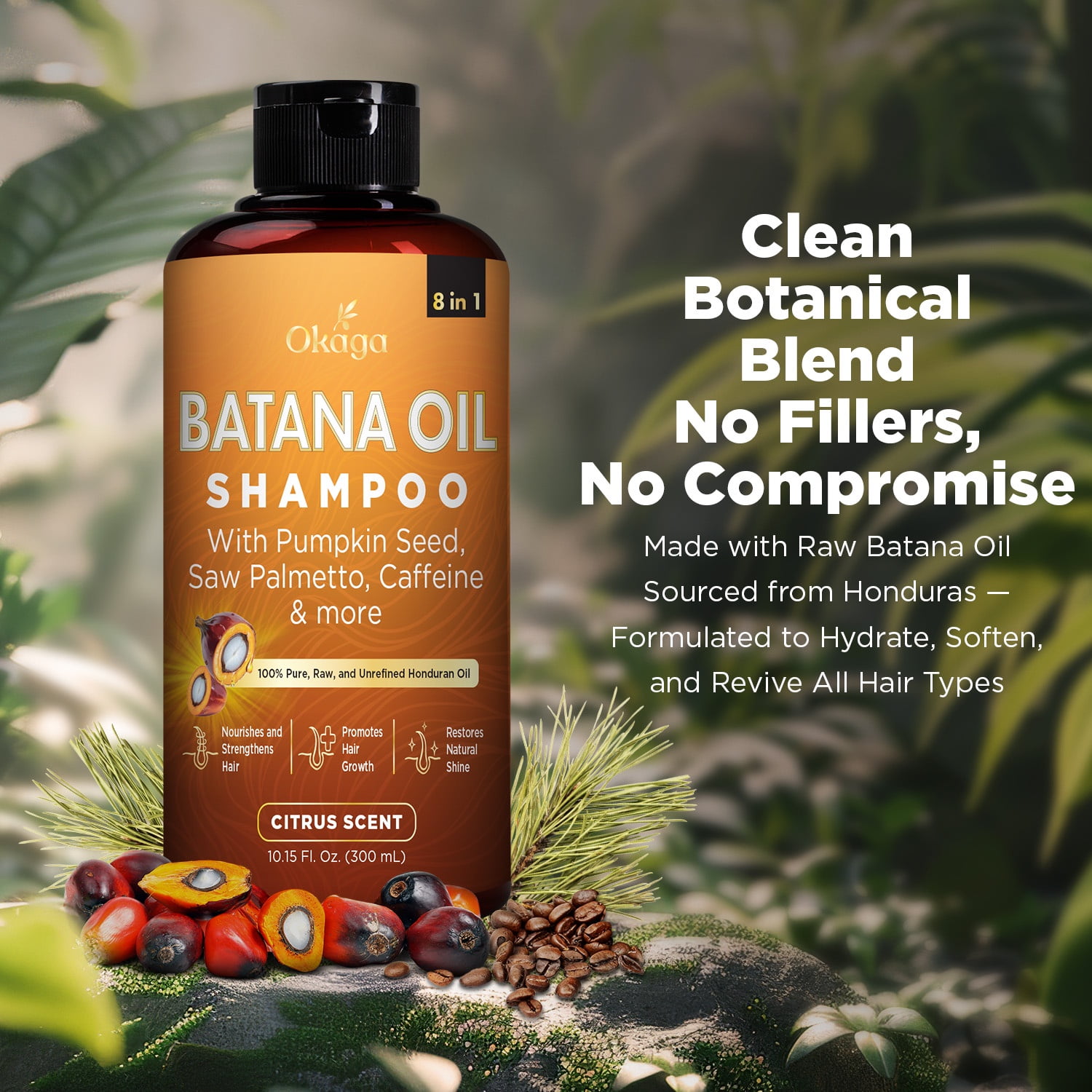 Okaga Batana Oil Shampoo for Hair Growth, Aloe Vera Leaf Juice, Saw Palmetto, Caffeine, Hydrolyzed Rice Protein, Pumpkin Seed, Castor & Rosemary Oils, 8-in-1 Natural Formula(10.15 fl oz Citrus Scent)