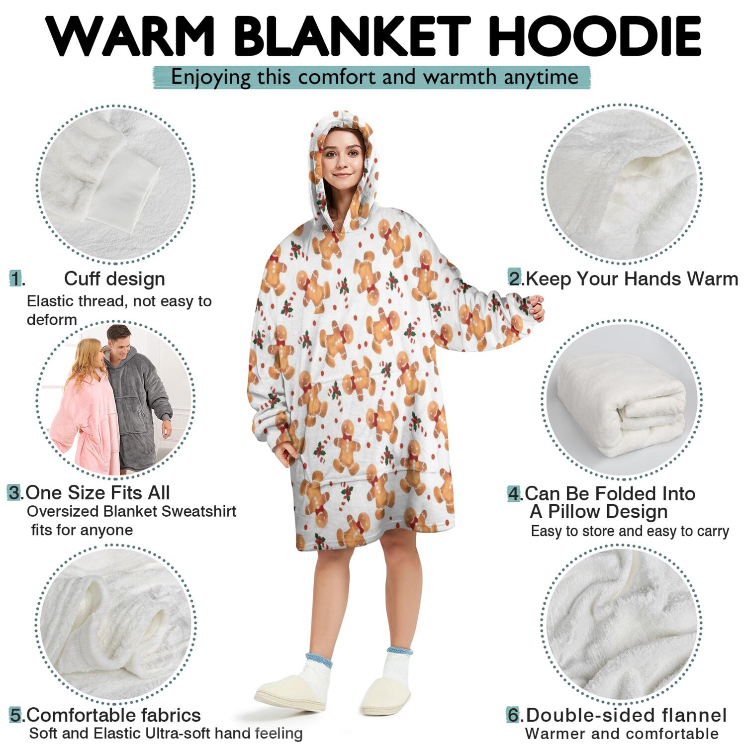 Wearable Oversized Blanket,White Christmas Gingerbread Man Pattern Wearable Blanket Hoodie for Adults,Cozy Hooded Blankets with Super Pockets,Super Warm Fuzzy Pullover for Women & Men