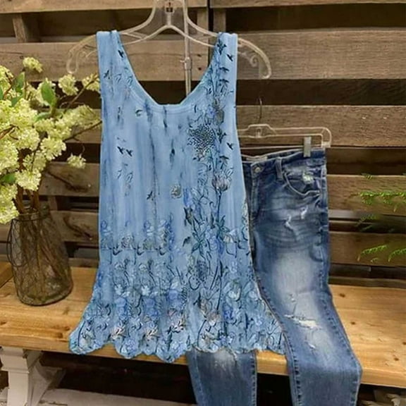 jsaierl Summer Women Sexy Tank Tops Floral Print Sleeveless Casual Vest Chiffon O-Neck Loose Camisole Comfy Tunic Blouse