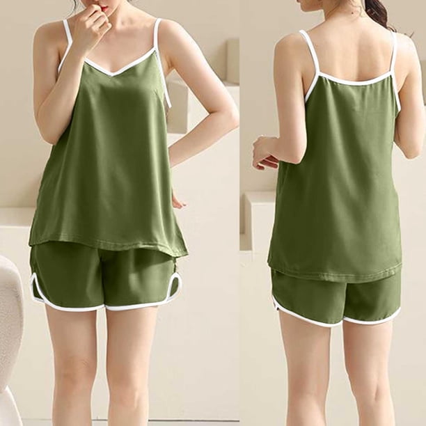 Karight Sleepwear for Womens Straps Tank Top Shorts 2 Piece Pajamas Lace Faux Silk Nightgowns Plain Match Thin Pjs Sets