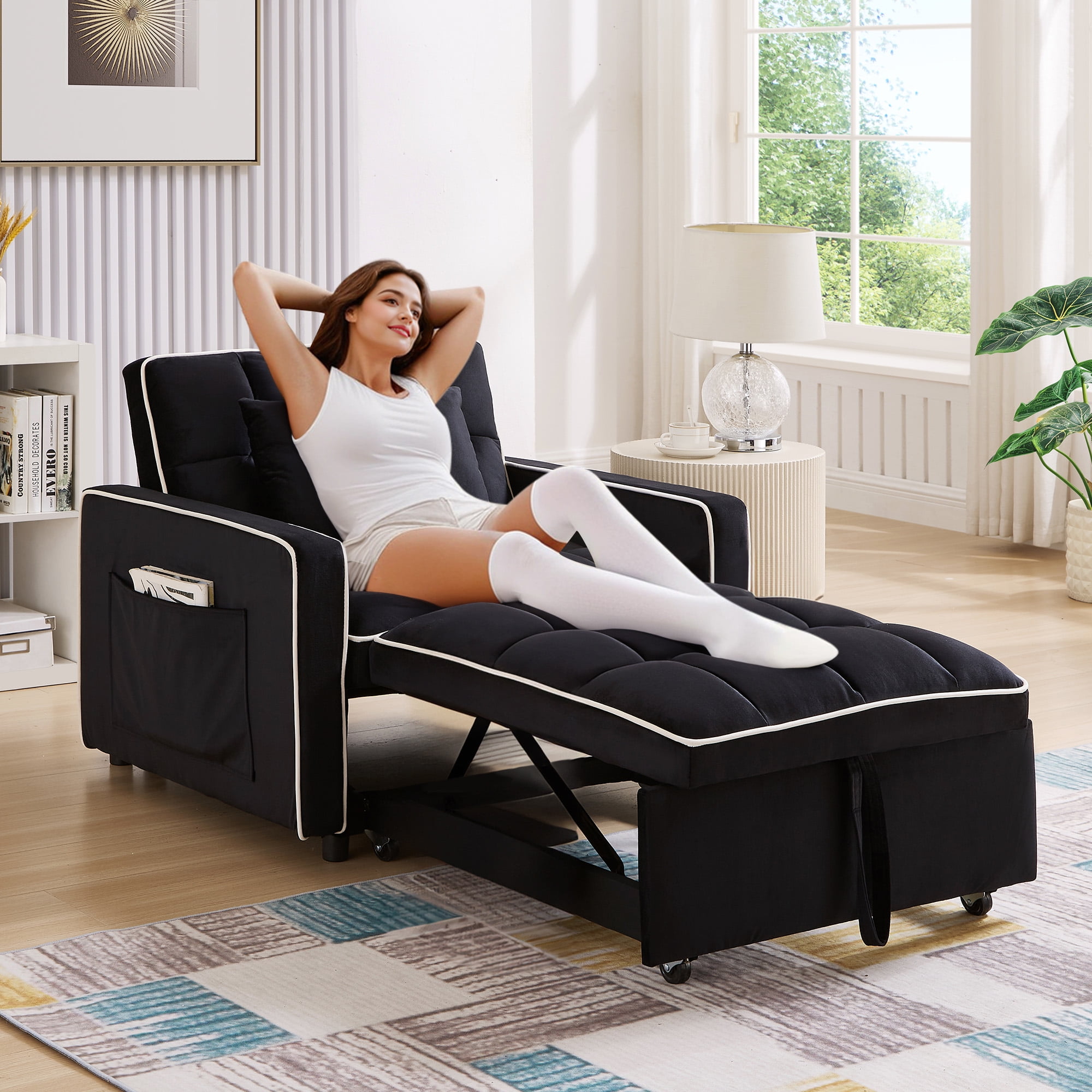 Dinosisco 4-in-1 Convertible Chair Bed, Sleeper Chair Lounge Chair Indoor, Modern Single Pull Out Couch for Living Room, Black Velvet