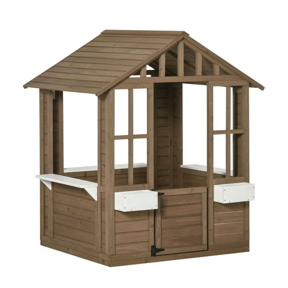Wooden Playhouse, Outdoor Garden Games Cottage, with Working Door, Windows, Flowers Pot Holder, 47" x 38" x 54"