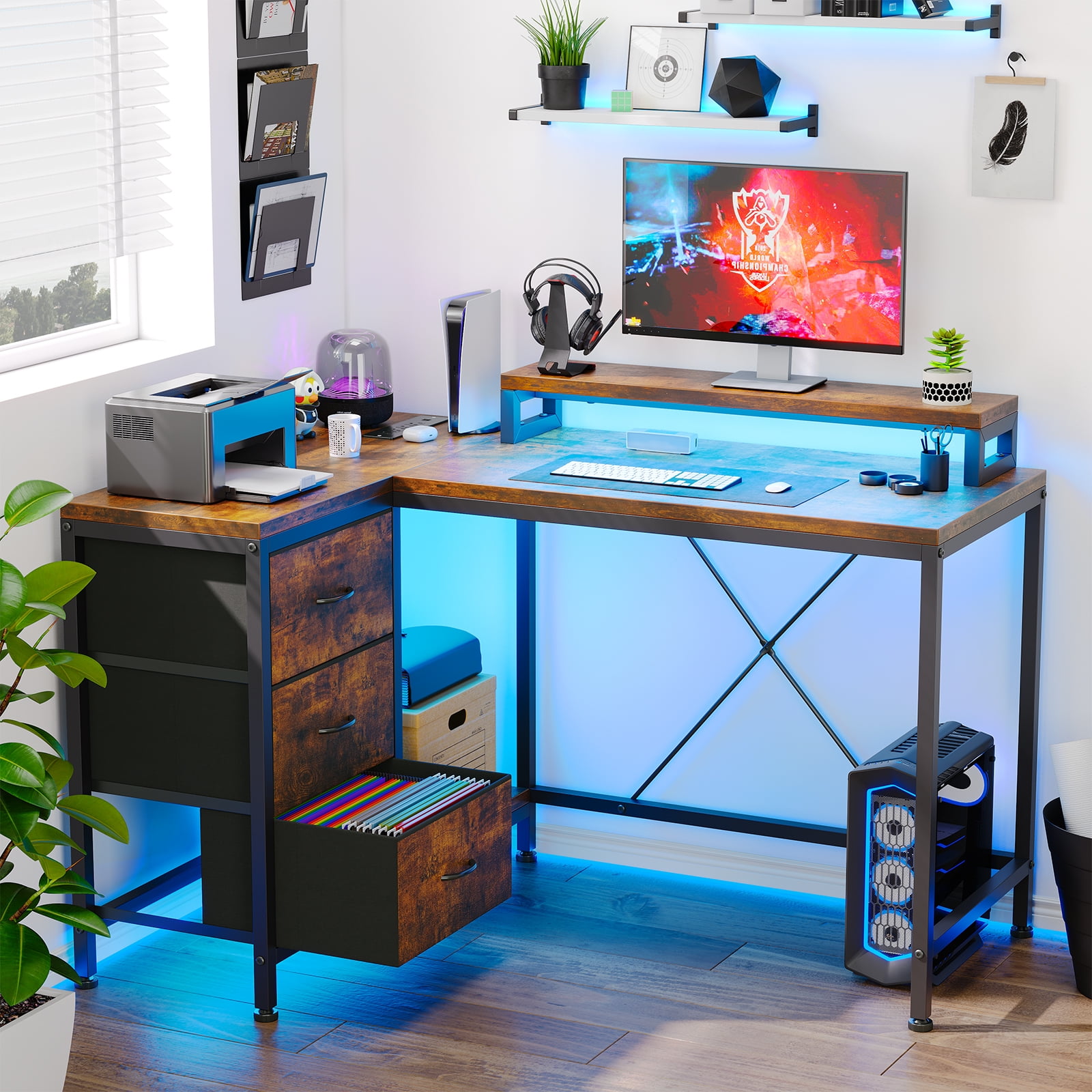 Danolapsi L Shaped Desk with Drawers & Shelves,L Shaped Computer Desk with Power Outlets & LED Lights,Corner Desk Gaming Desk Home Office Corner Desk,Easy to Assemble