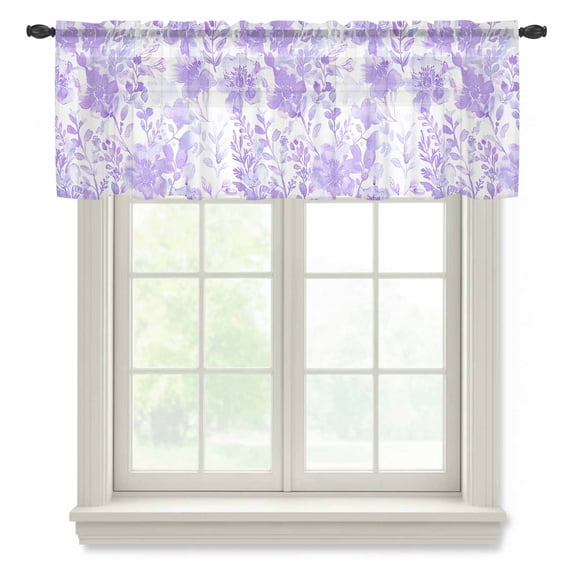 Purple Flowers Valance Curtains for Kitchen/Living Room/Bathroom/Bedroom Window, Rod Pocket Small Topper Half Short Window Curtains Voile Sheer Scarf, Watercolor Summer Botanical Floral 54"x18"