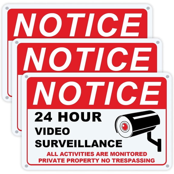 3-Pack 24 Hour Video Surveillance Signs 10’’x7’’ No trespassing private property signs 040 Mil Aluminum camera signs for property UV Printed camera surveillance sign