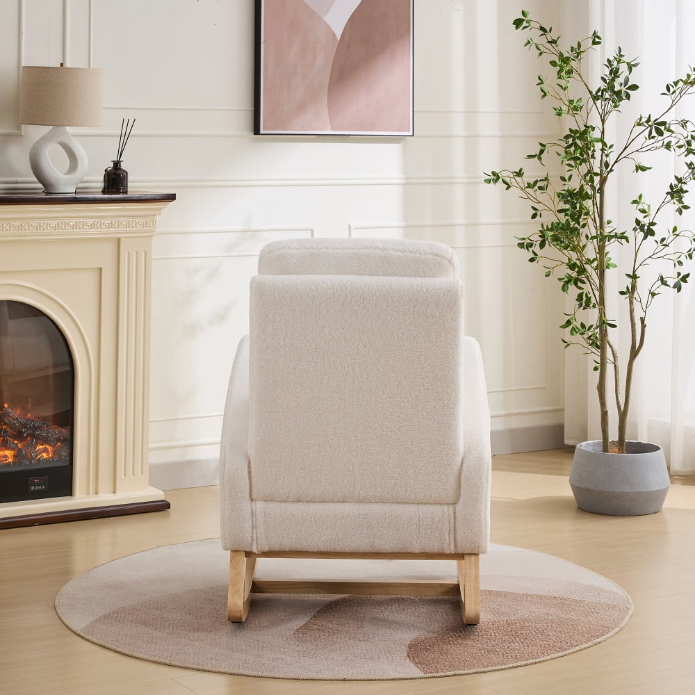 27.2"W Sherpa Rocking Chair for Nursery with High Back and Side Pocket - Cozy Glider Rocker with Rubber Wood Legs, Comfortable Accent Armchair for Living Room, Bedroom, Reading Nook, Ivory