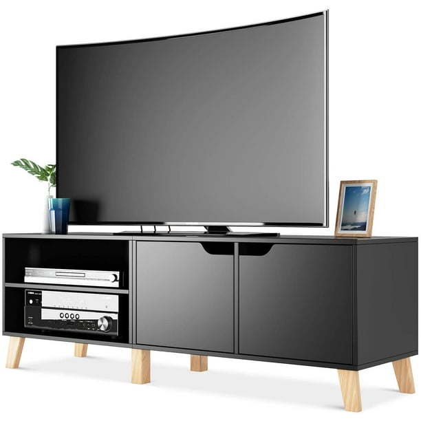 D Tools 55 Tv Stand Modern Console Entertainment Center Media Storage Cabinet For Living Room Black With 2 Doors And Shelves Com Tv Stand Modern Console Entertainment, Tv Stand Media Storage Cabinet