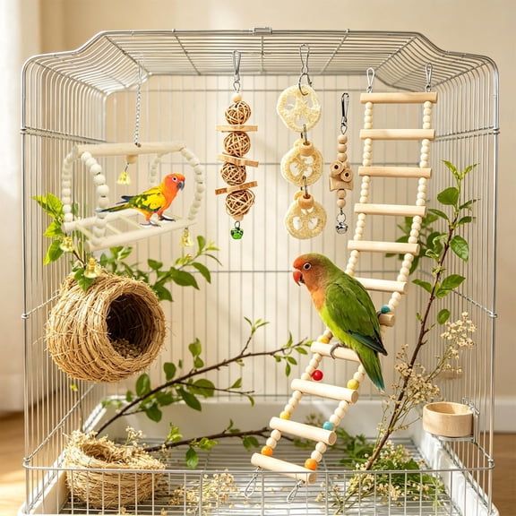 Bird Cage Toy Set with Swings Bells Ladders, Natural Wood Chew Toys for Small Medium Birds, Interactive Cage Accessories for Anxiety Relief & Feather Plucking Prevention