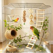 Bird Cage Toy Set with Swings Bells Ladders, Natural Wood Chew Toys for Small Medium Birds, Interactive Cage Accessories for Anxiety Relief & Feather Plucking Prevention
