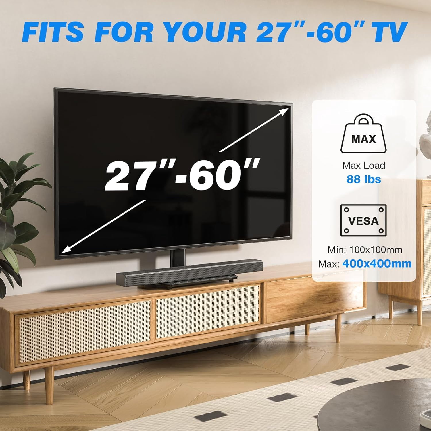 Universal Swivel TV Stand for 27-50 55 60 Inch TVs, Height Adjustable Tabletop TV Stand, Holds up to 88 lbs, TV Stand with Tempered Glass Base, Replacement TV Stand