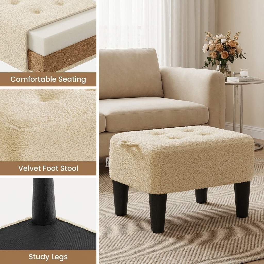 Ledrem Small Ottoman Foot Stool with Thick Cushion, Sand Teddy Fleece